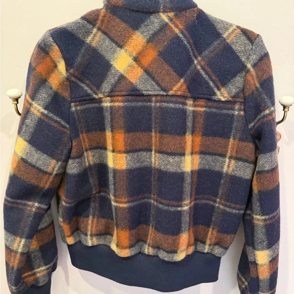 Marled Blue and Orange Plaid Bomber Jacket - Picture 7 of 7